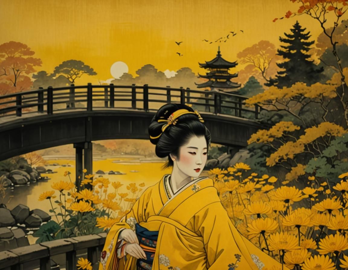 Geisha in Chrysanthemum Garden: Ukiyo-e Style