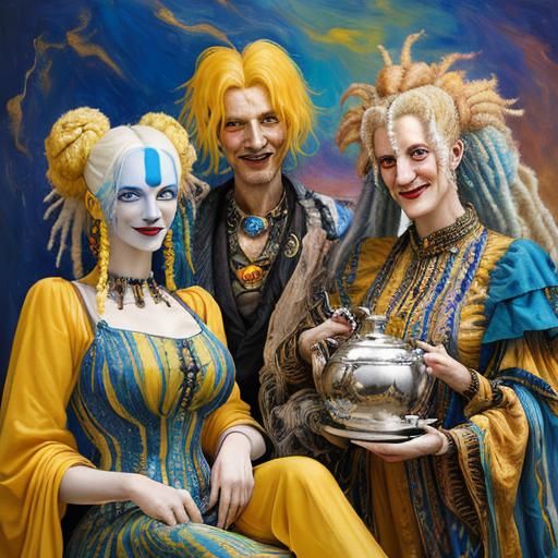 Cosmic Characters Celebrate Housewarming in Oil Painting