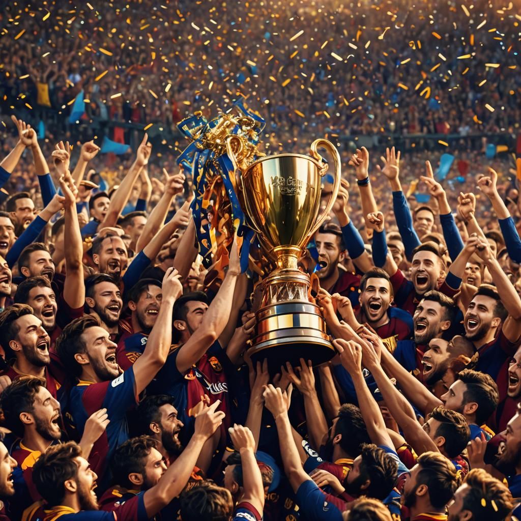 Barcelona Victory: Golden Light and Confetti Celebration