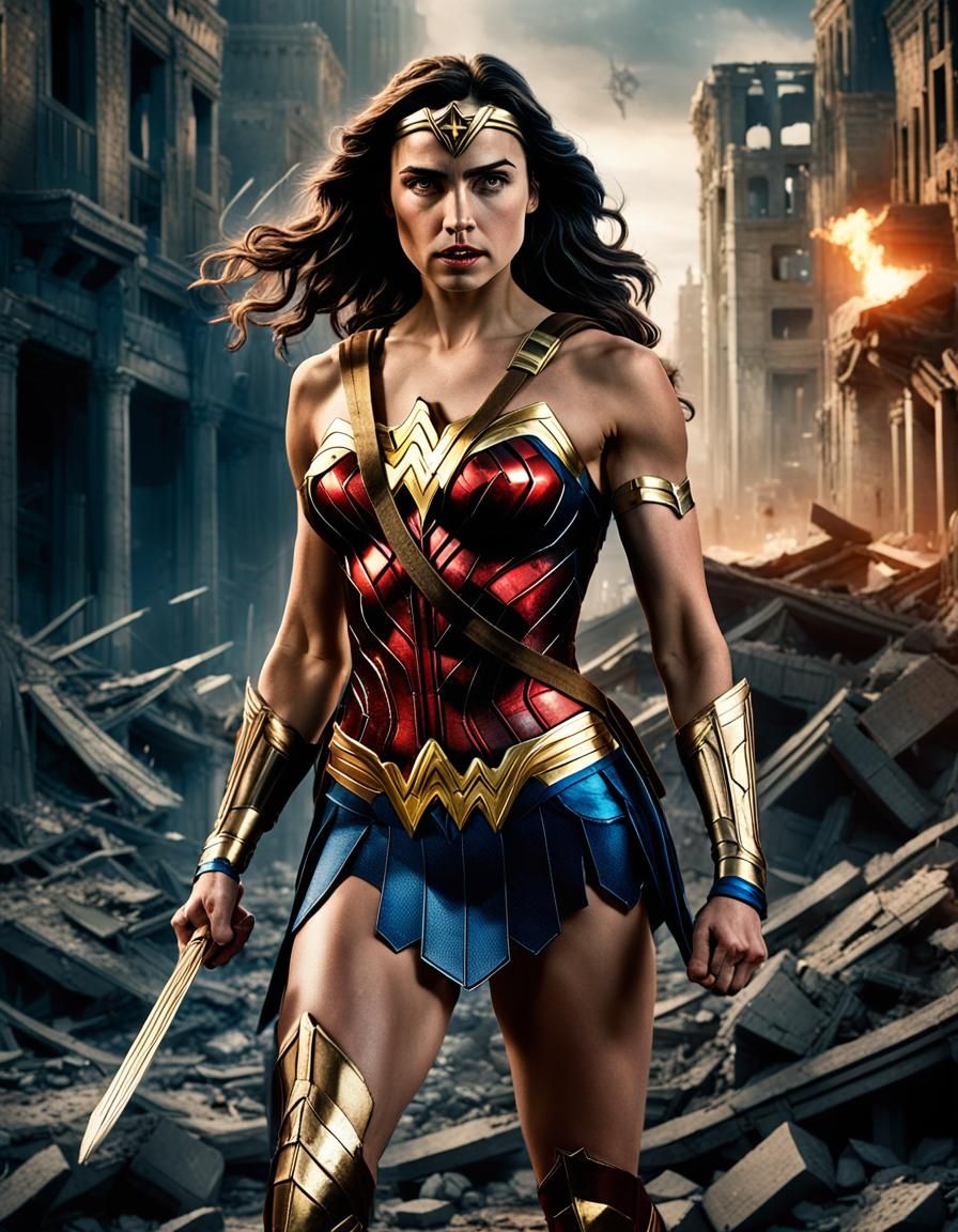 Wonder Woman Portrait in Ruined City, Comic Book Style