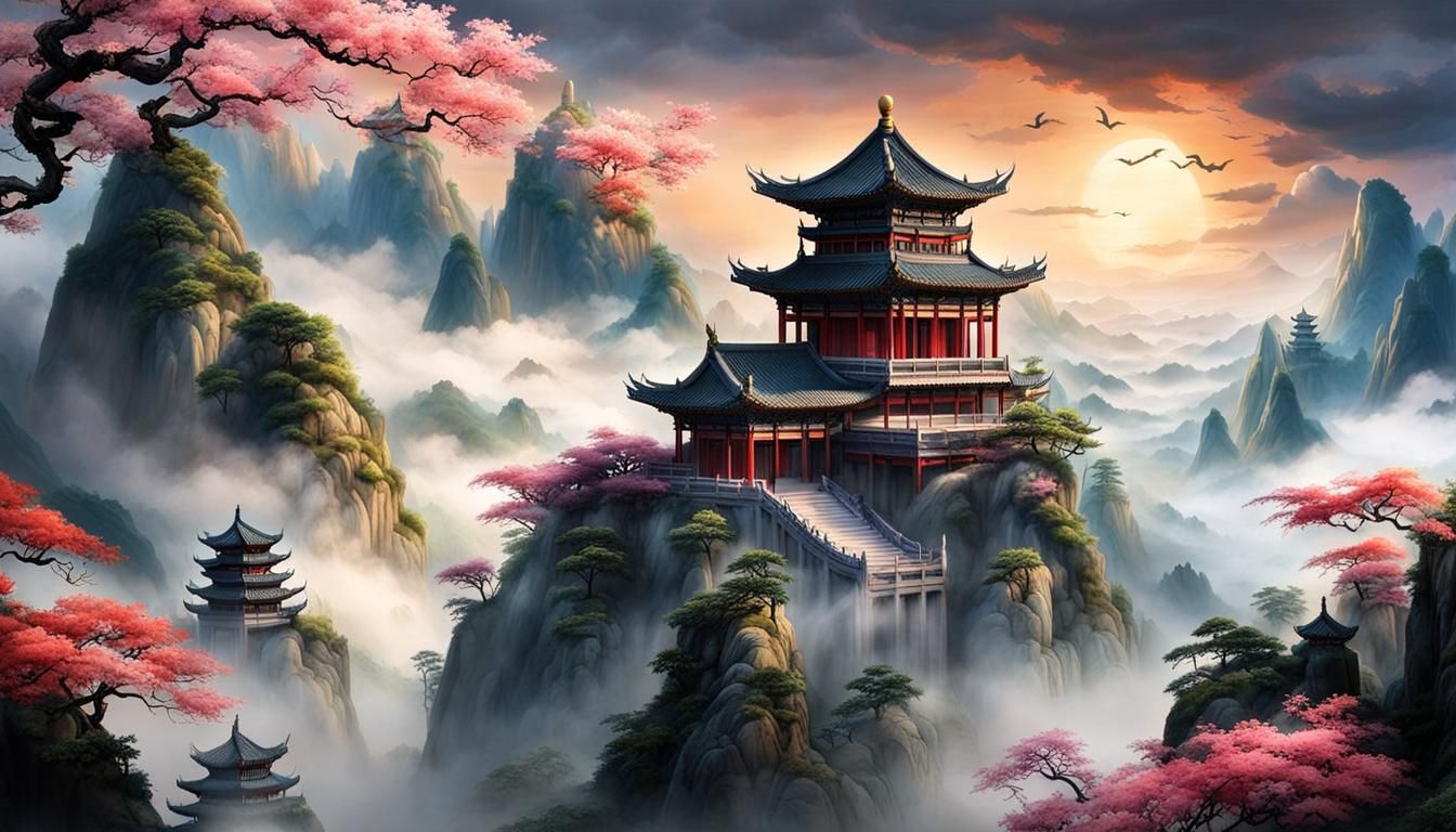 Ancient Chinese Realm: Celestial Dragons in Ink Painting