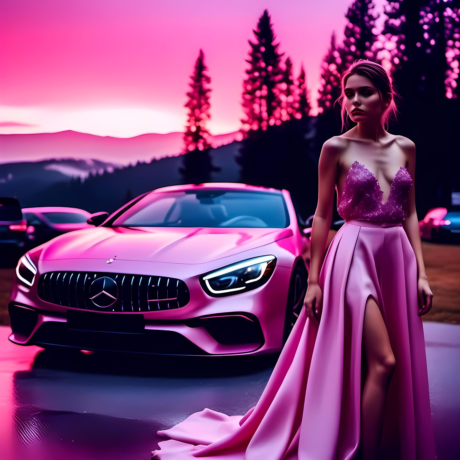 Beautiful Woman in Pink Weather by Luxury Car