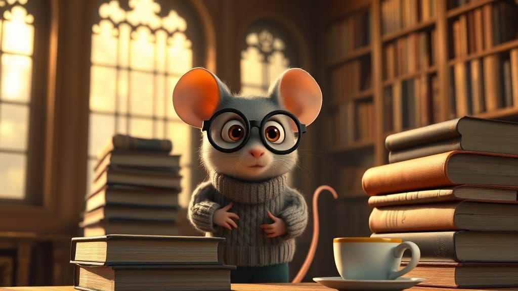 Mouse Librarian in Pixar-Style 3D Animation