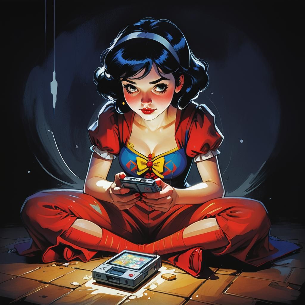 Snow White Engrossed in Retro Gaming on a Flickering Screen