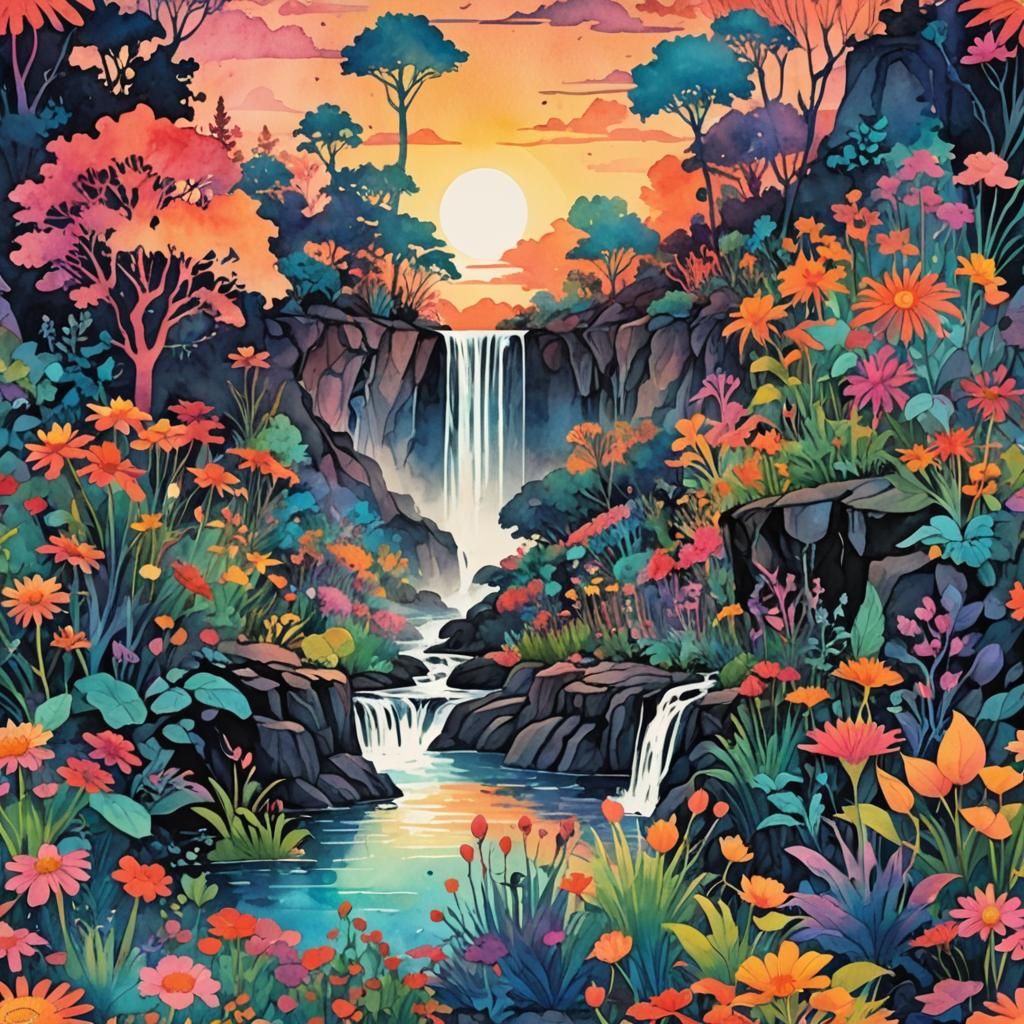 Psychedelic Alien Landscape at Sundown in Watercolor