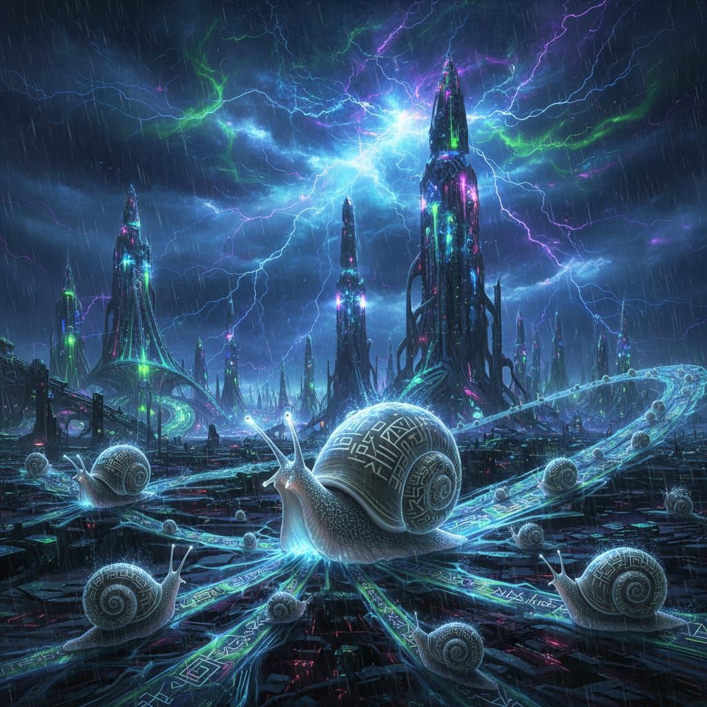 Neon Grey Snailiens in an Enormified Neonstorm