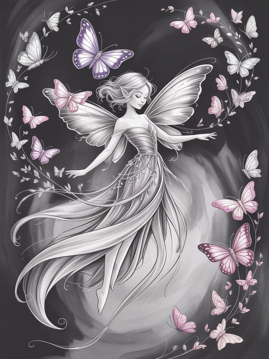 Ethereal Fairy with Butterflies in Black Ink Line Art
