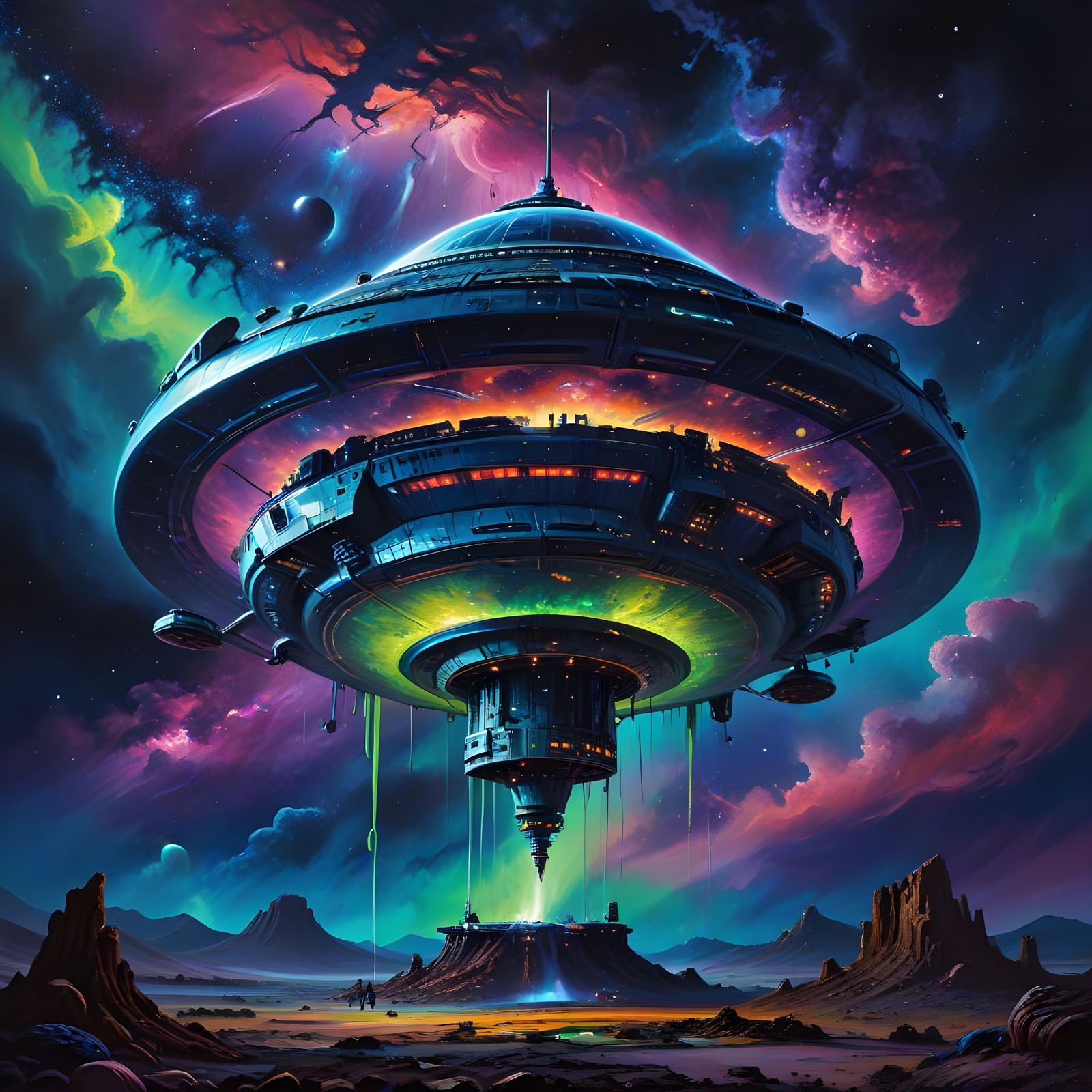 Cosmic Oil Painting: Surreal Space Gas Station