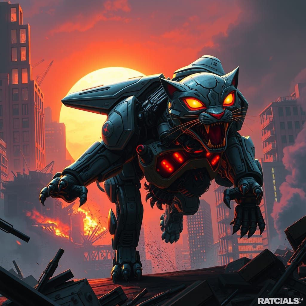 Futuristic Feline Mecha in Ruined Cityscape