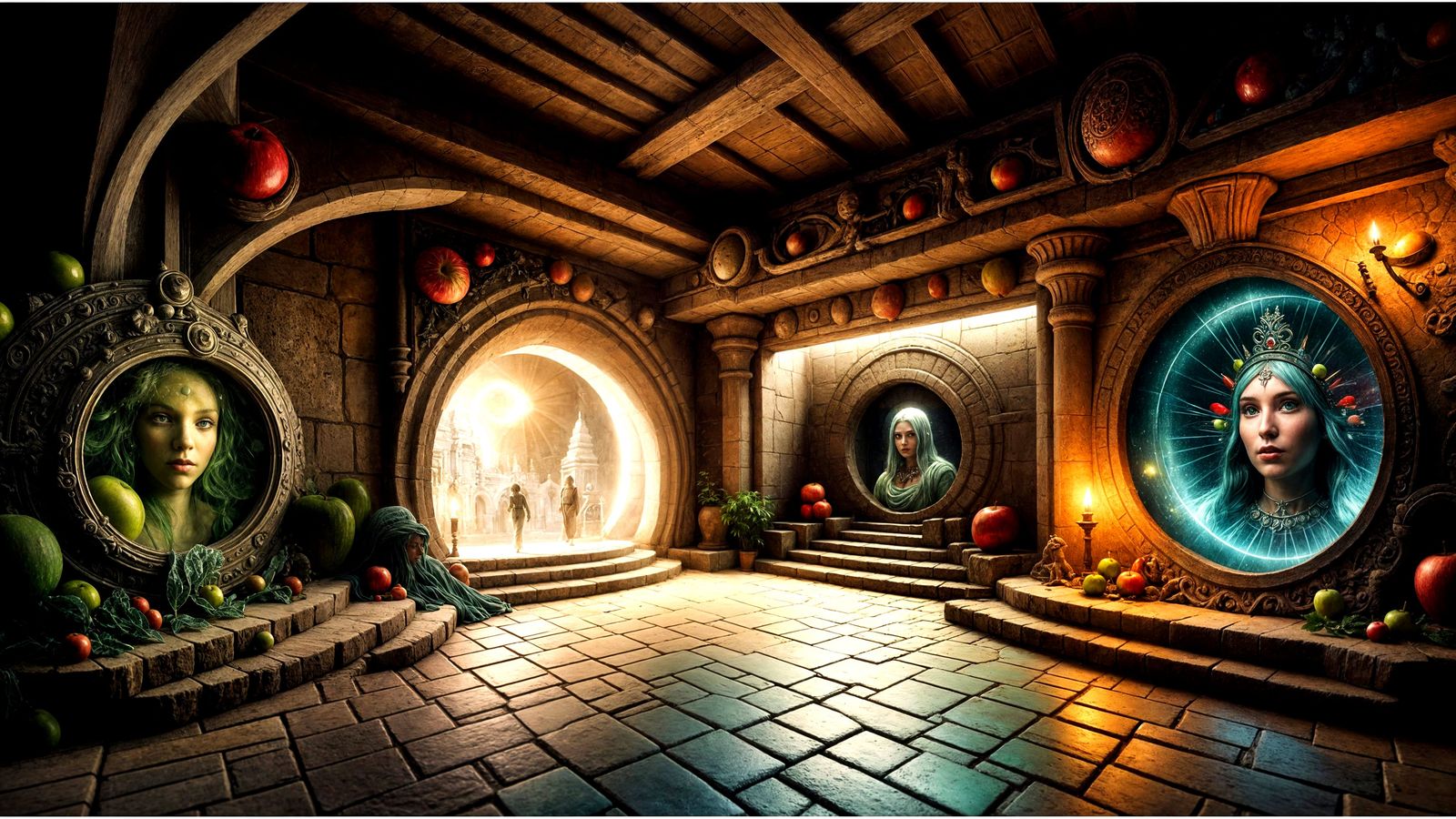 Medieval Portal Room with Holographic Faces and Fruits