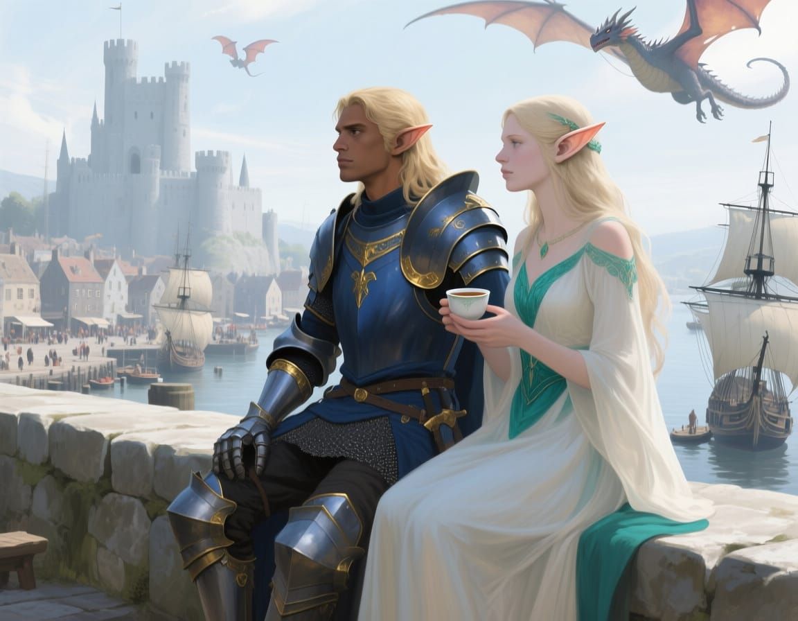 Elven Figures Overlook Harbor Town in Digital Painting