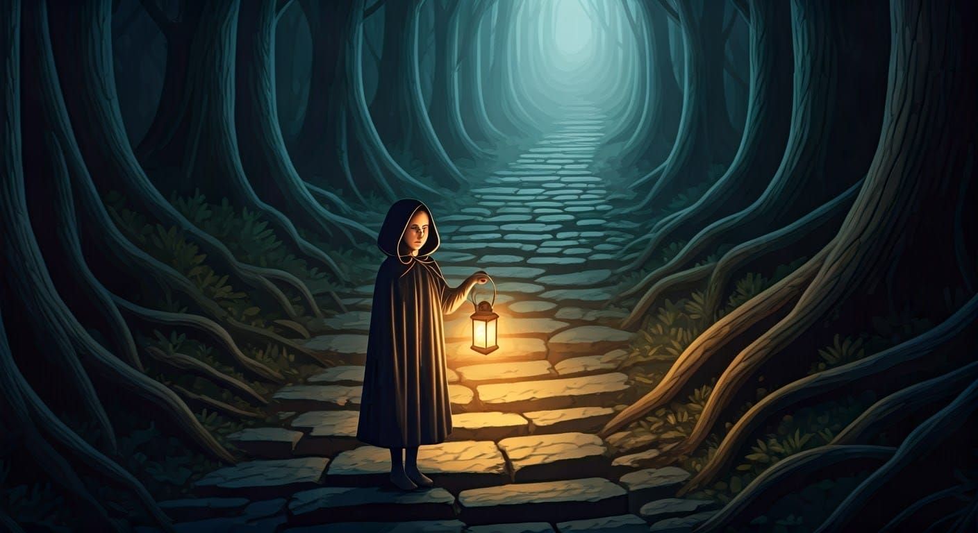 Mystical Girl with Lantern in Primeval Forest