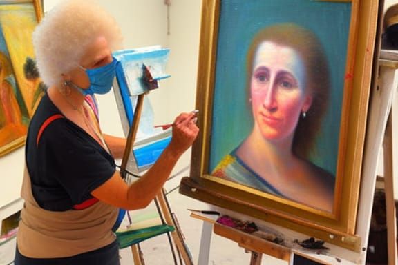 Artist painting an oil portrait of a woman