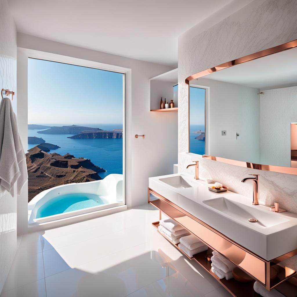 Rose Gold Modern Bathroom with Santorini Sea View