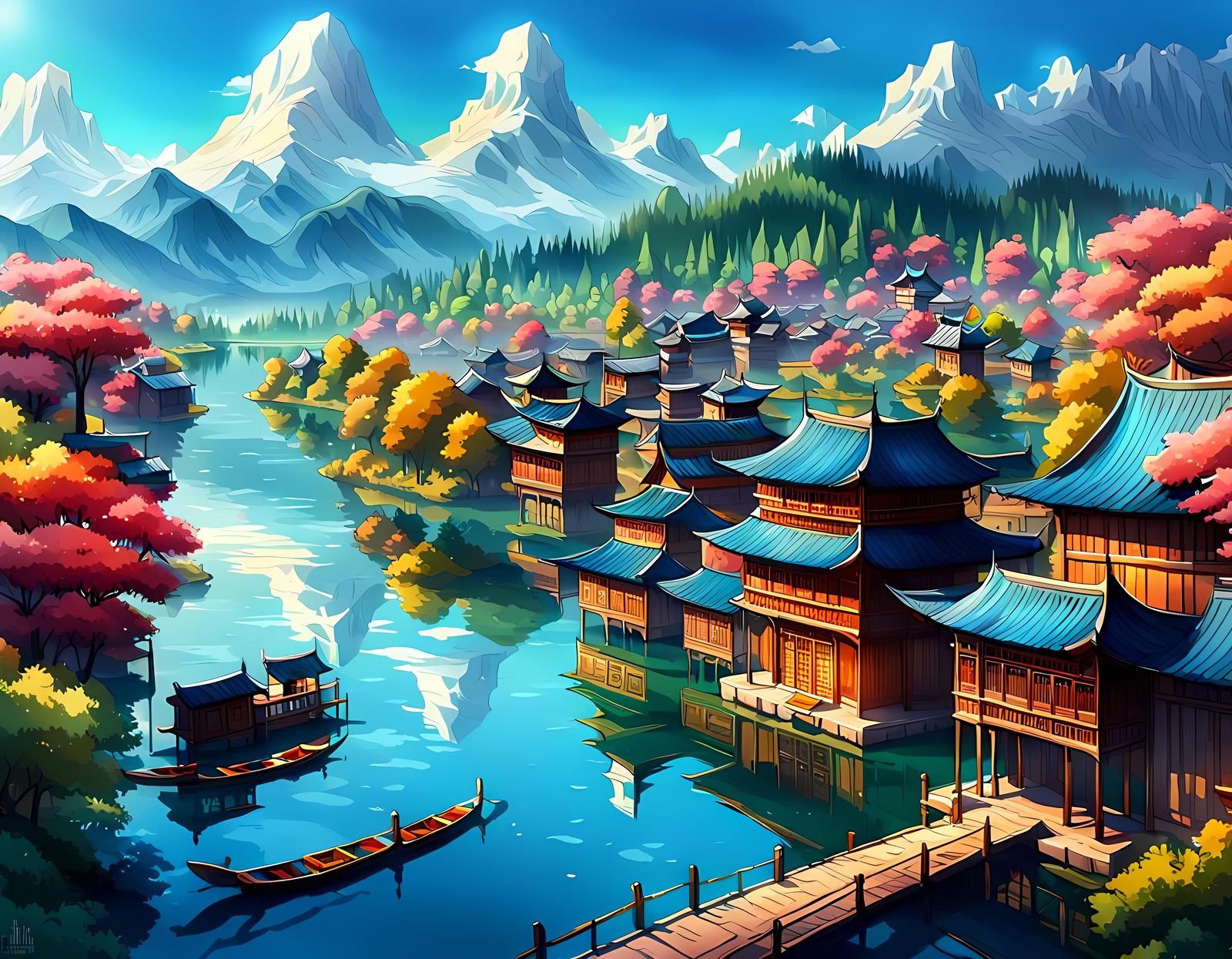 Floating Oriental Town in Kashmir: Ghibli-Inspired Anime Art