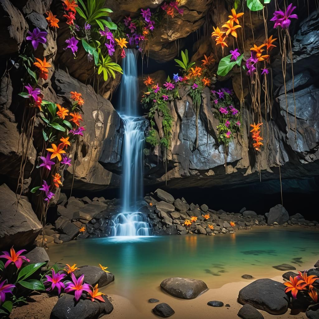 Cave Waterfall with Tropical Flowers and Glowing Pond