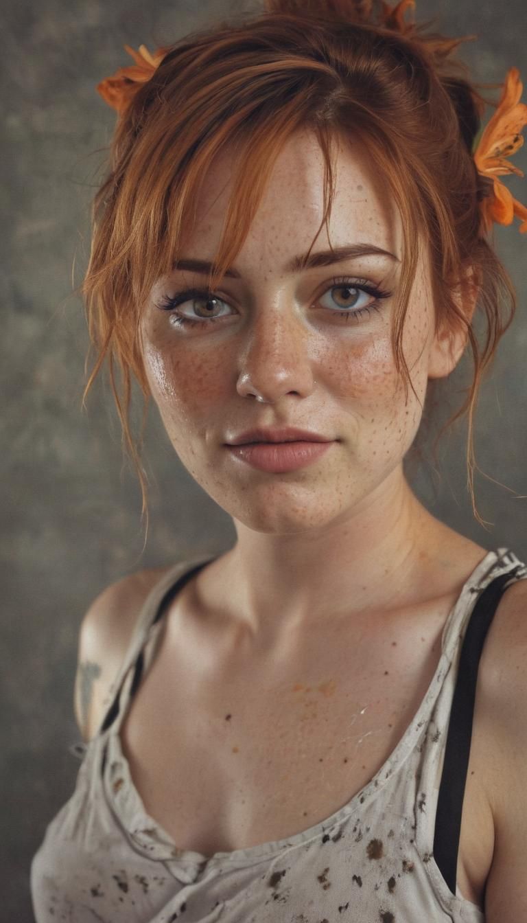 Freckled Ginger Woman with Sly Grin in Impressionism