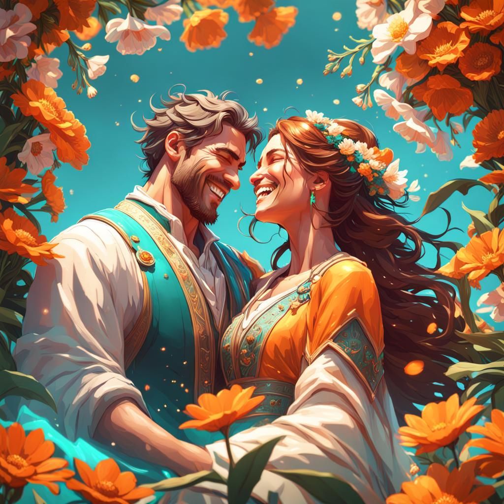 Lovers Laughing in a Flower Garden