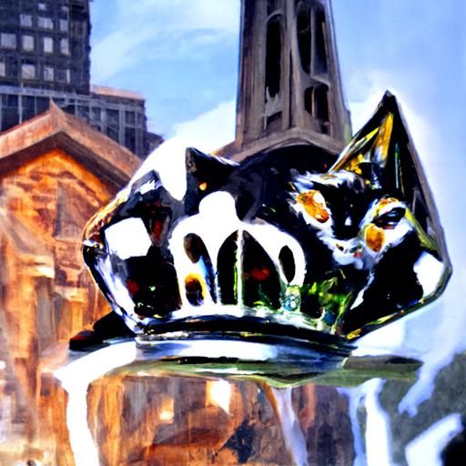 Crystal Crowned Cat in City Church, Oil Painting