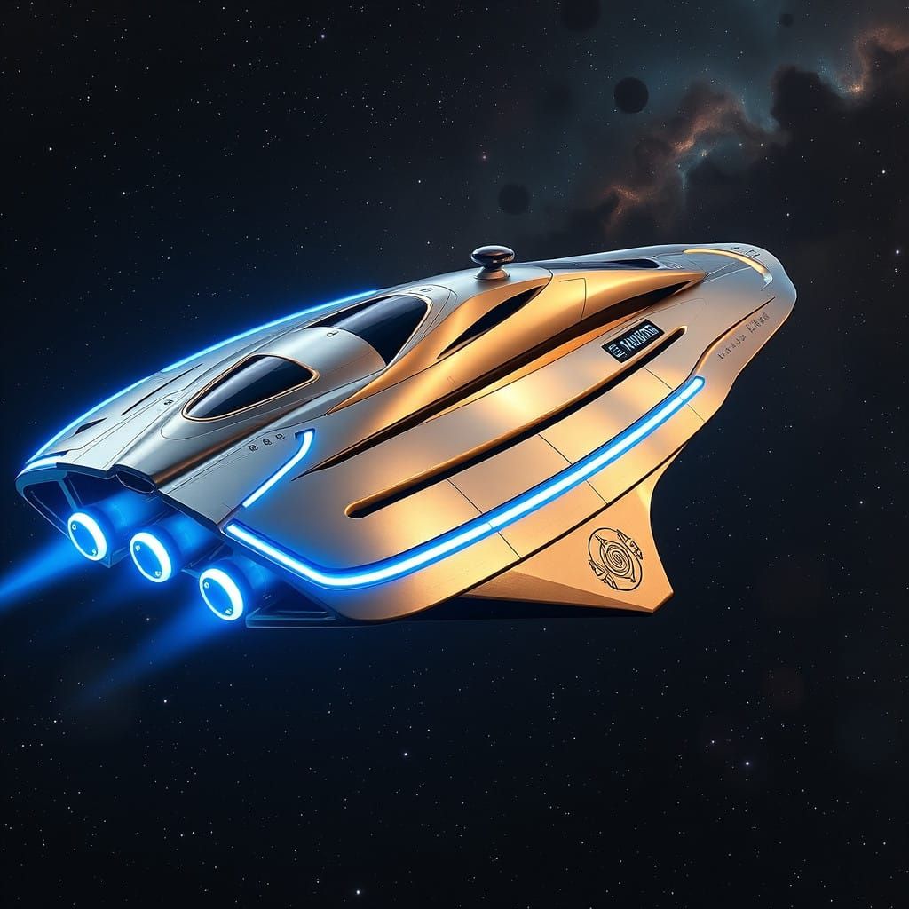 Luxury Space Freighter Yacht with Sleek Metallic Hull and Gl...