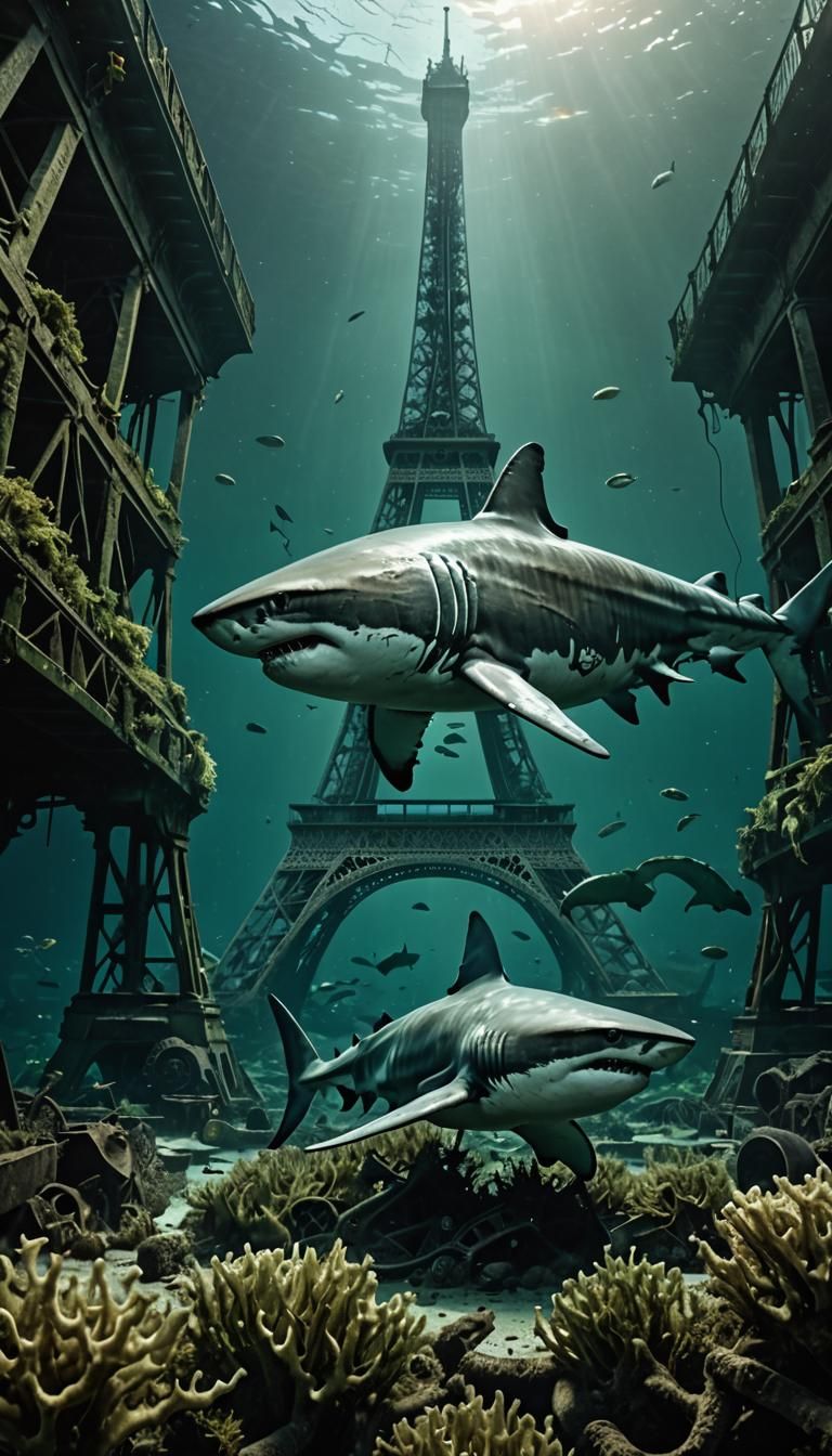 Great White Shark in Dystopian Underwater Scene