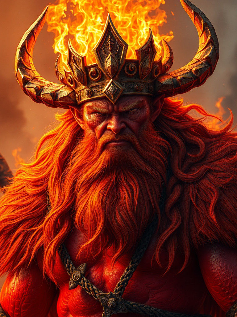 Surtr, Nordic Fire God, in Hyper-Realistic Oil Painting