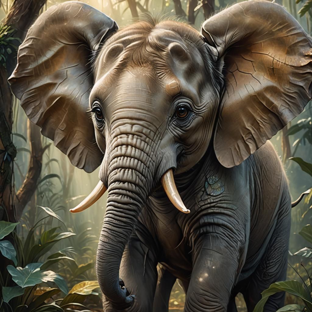 Cute Baby Elephant in Dreamy Oil Painting Style