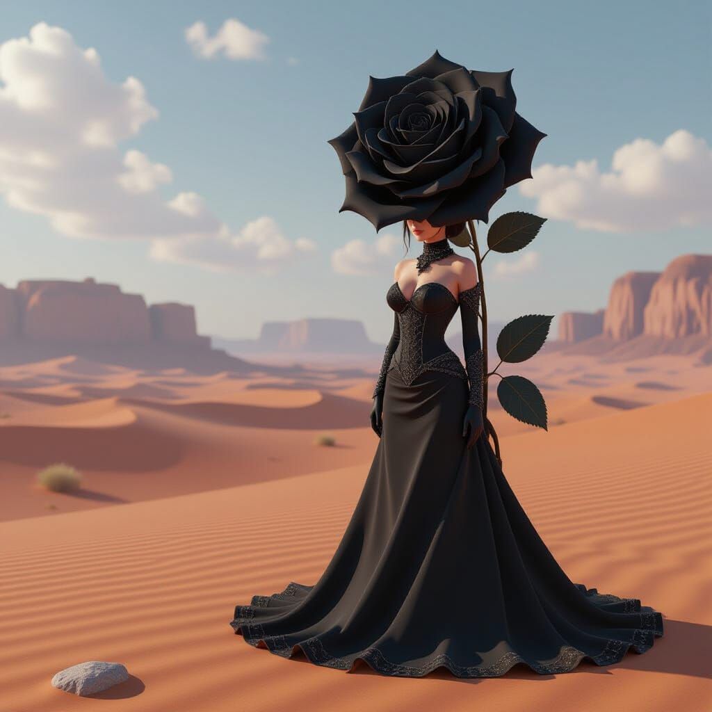 Anime Black Rose in Desert Landscape