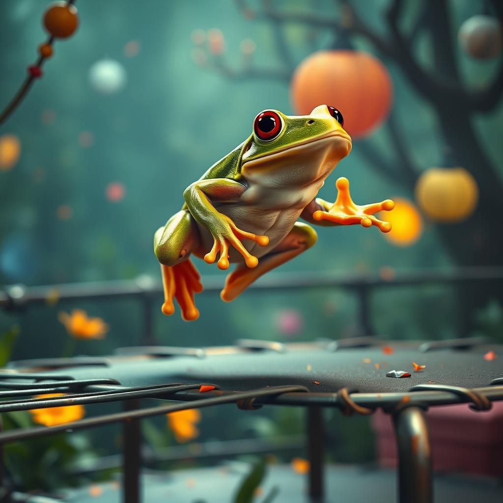 Whimsical Frog on Trampoline: Fantasy Concept Art