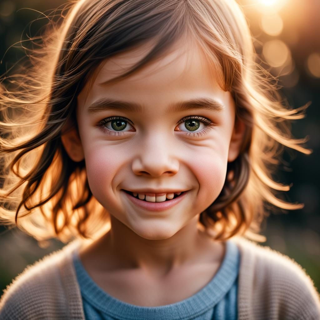 Hyper-Realistic Portrait of Smiling Girl in Golden Hour