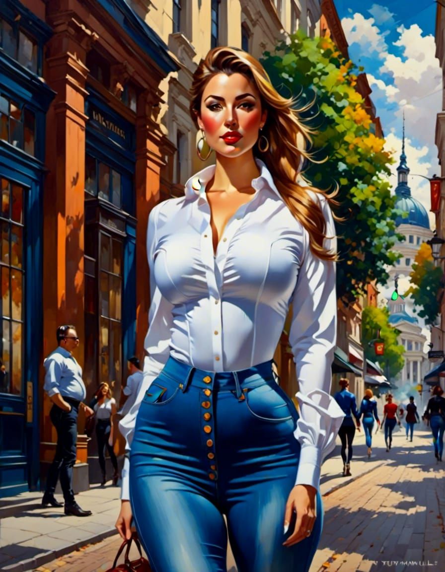 Curvy Businesswoman in City: Oil-Guache Melting Painting