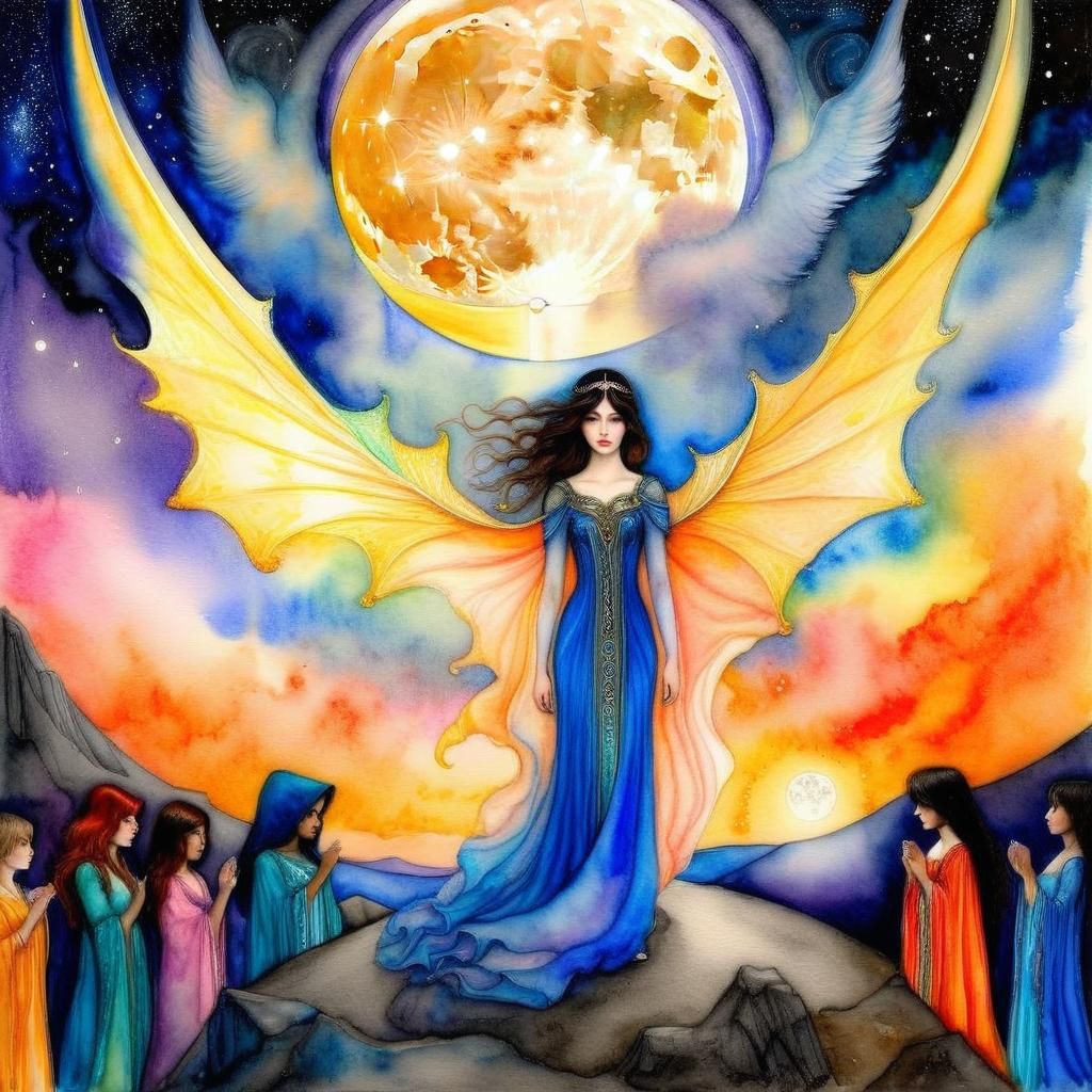 Dragon Sorceress Ceremony: Surreal Watercolor Art