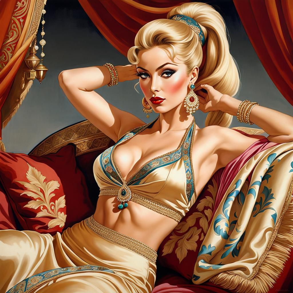 Glamorous Genie with Bare Midriff in Vargas Style