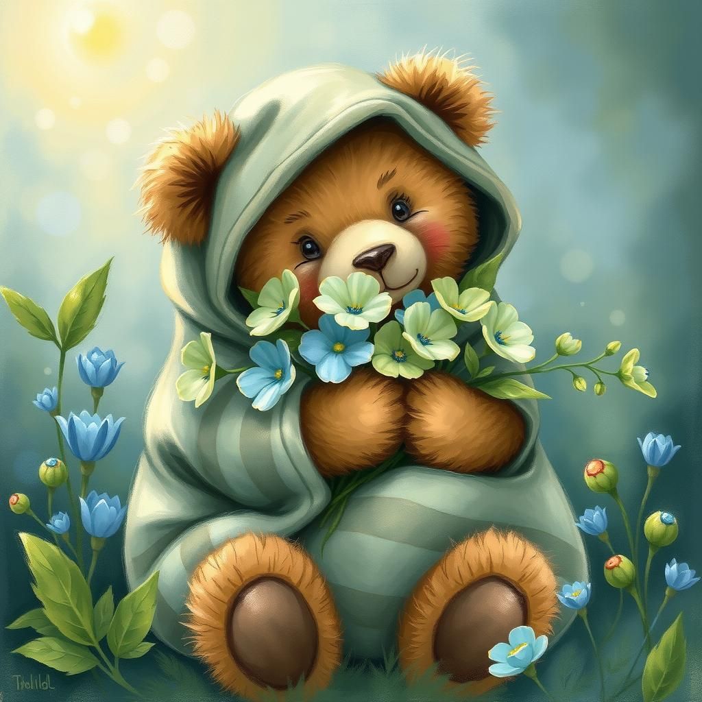 Flannel Teddy Bear with Flowers: Whimsical Art