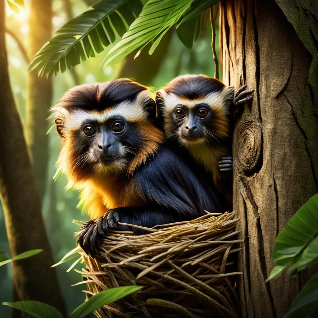 Baby Tamarin and Mother in Forest Nest