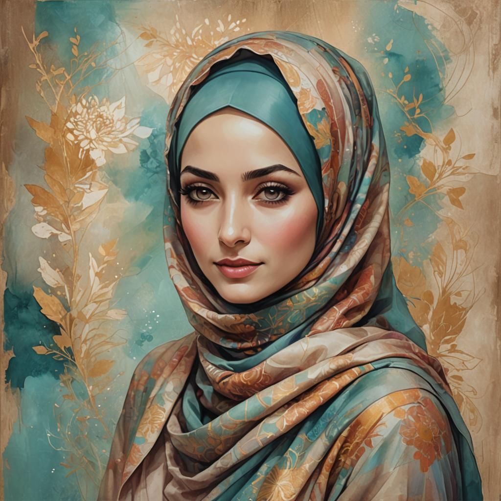 Dreamy Hijabi Woman Portrait in Pop Art Style