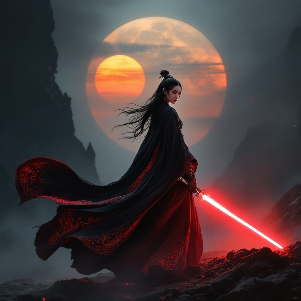 Mulan Channels Dark Side with Red Lightsaber in Misty Landsc...