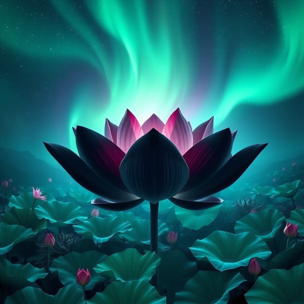 Giant Black Lotus Under Aurora Borealis in Magical Garden