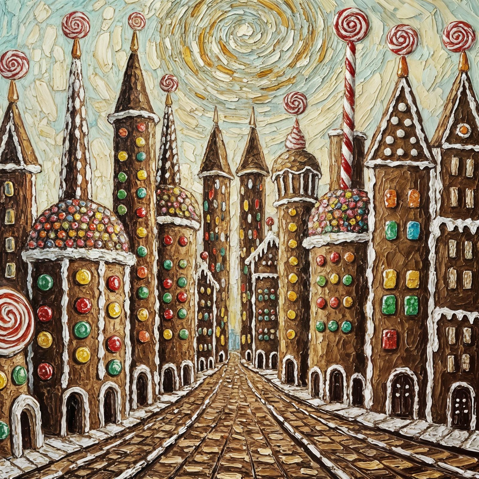 Bustling Candy City in Van Gogh Impasto Style
