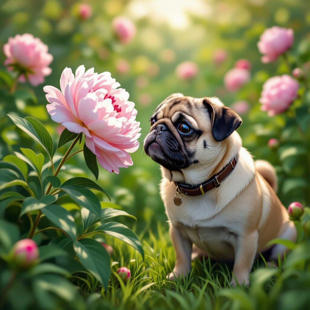 Pug Smelling Peony in Lush Photorealistic Garden