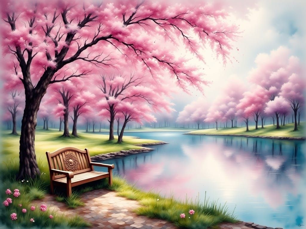Surreal Watercolor Scene of Serene Lake with Cherry Blossoms