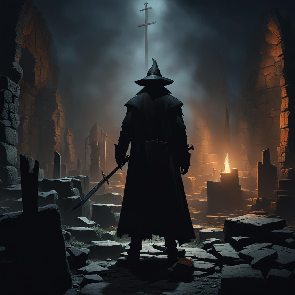 Dark Fantasy Witch Hunter in Ruined Church