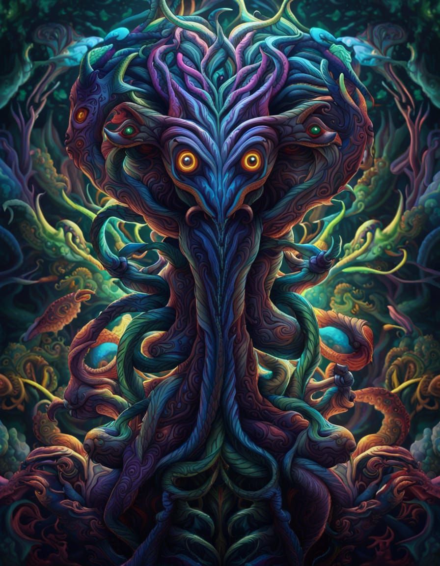 a creature with tubular braids, dark fantasy trippy tubular ...