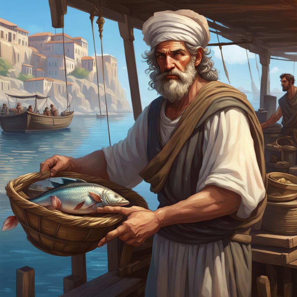 Ancient Greek Merchant Selling Fish, Detailed Portrait