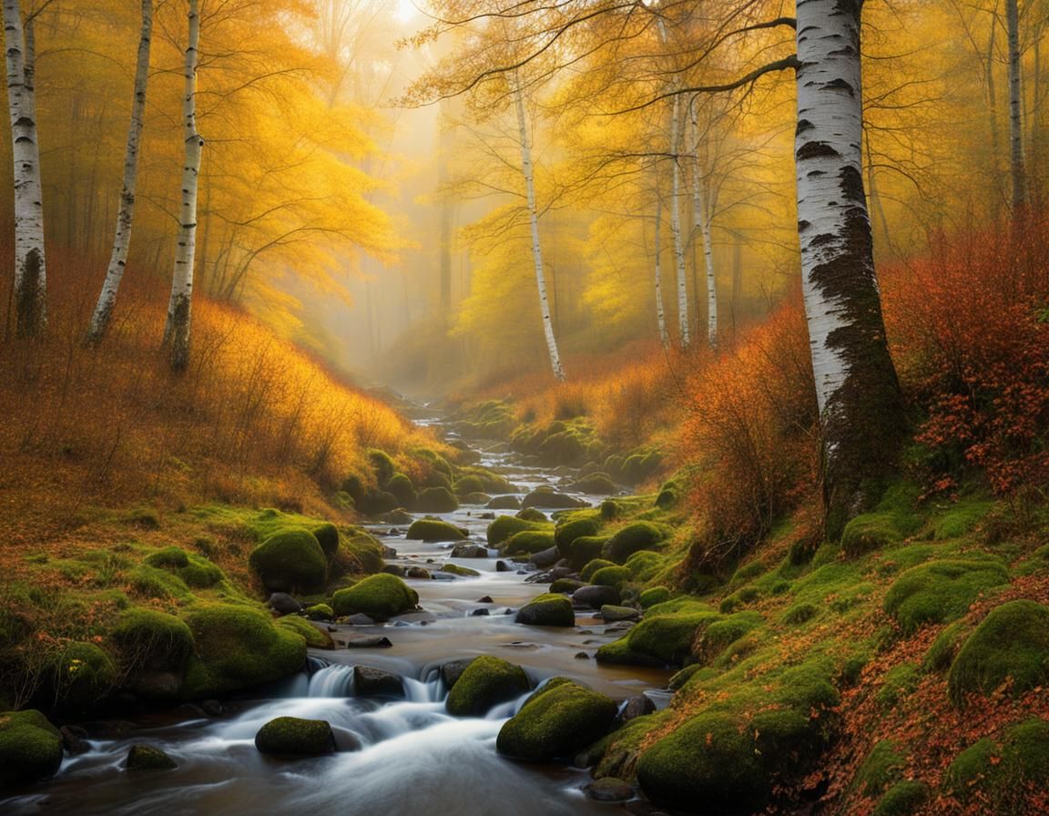 Autumnal Stream Through Birch Forest in Sunlight