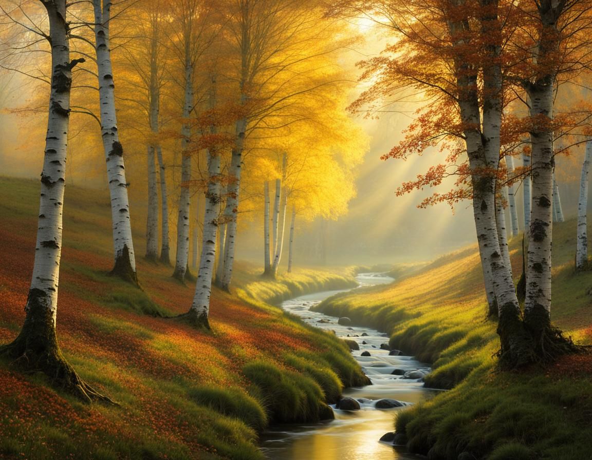 Autumnal Stream Through Forest Meadow