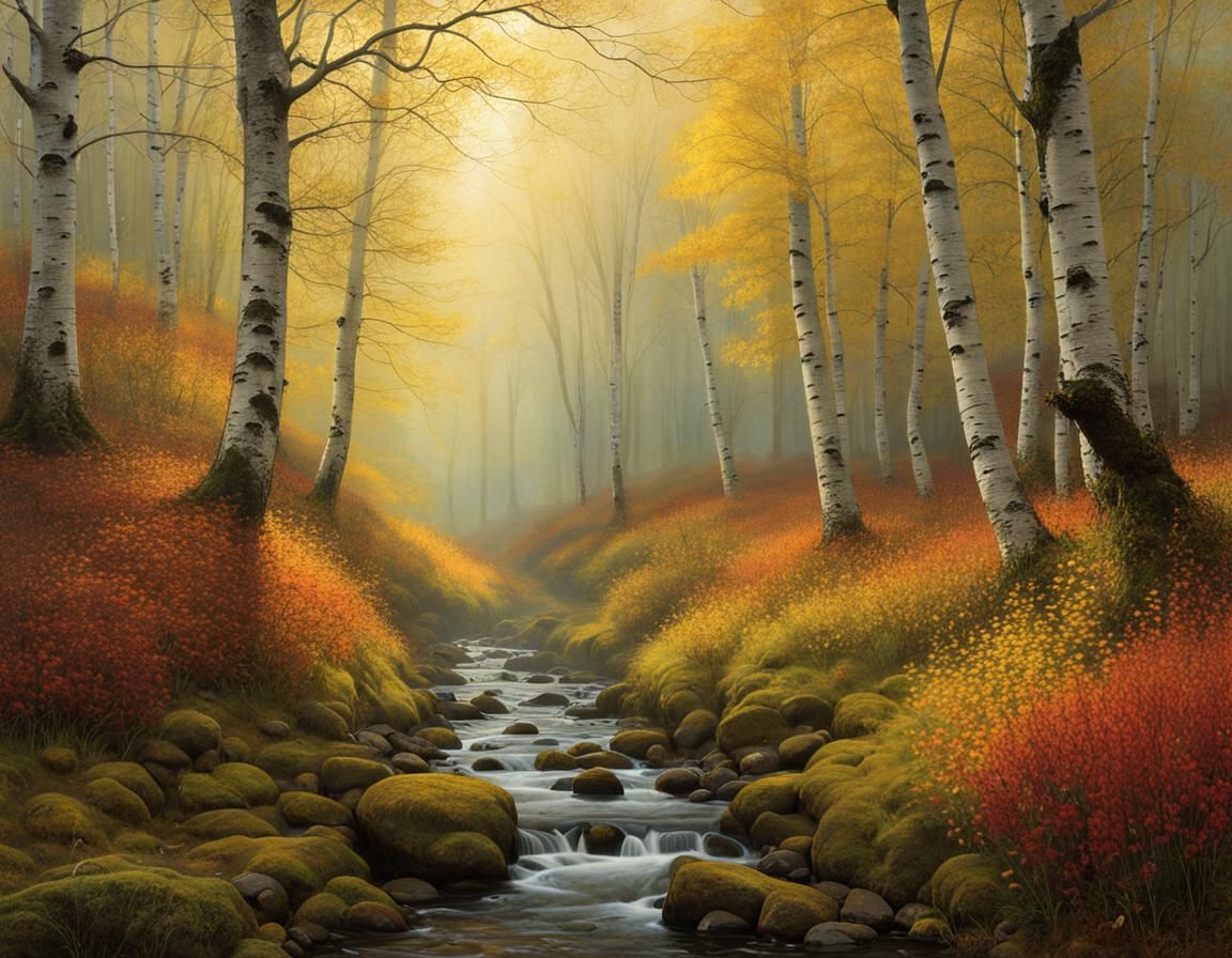 Autumnal Stream in Forest Meadow: Painterly Style