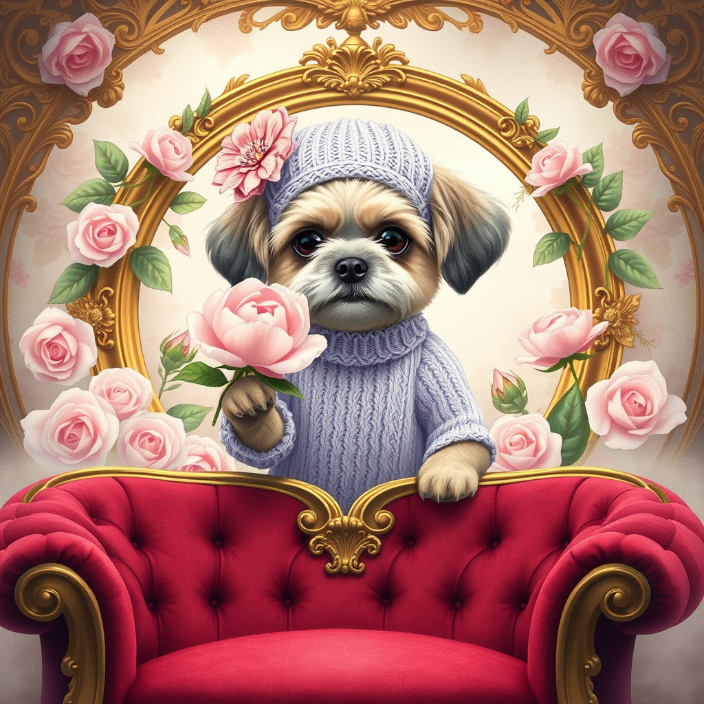 Anthropomorphic Shih Tzu Dog in Fantasy Floral Frame