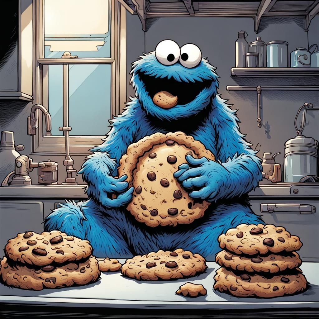 "cookie monster eating a cookie"