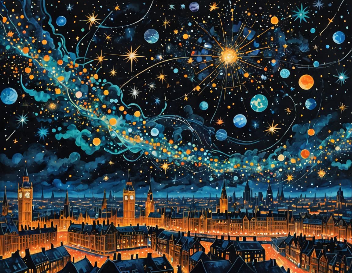 Cosmic London Cityscape in Gouache Style